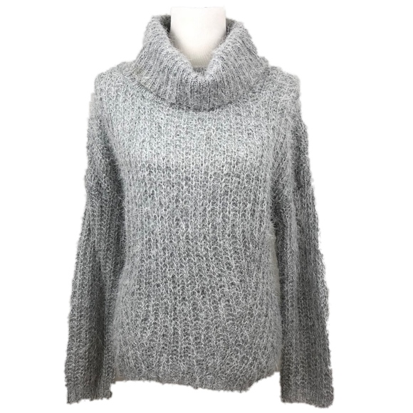 Fever Sweaters - FEVER Sweater Cowl Neck Gray Fuzzy Hi-Low Eyelash Long Sleeves Gray Large